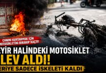 Motosiklet yol ortasında alev aldı