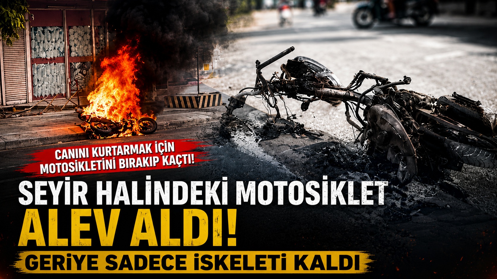 Motosiklet yol ortasında alev aldı